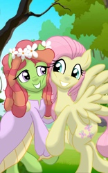 Size: 1200x1920 | Tagged: safe, artist:theroyalprincesses, character:fluttershy, character:tree hugger, best friends, cheek squish, clothing, cute, hippie, huggerbetes, shyabetes, squishy cheeks