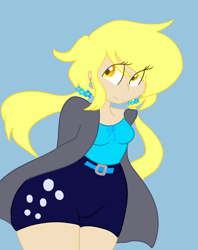 Size: 1024x1290 | Tagged: safe, artist:cubbybatdoodles, character:derpy hooves, species:human, bubble butt, ear piercing, earring, female, humanized, jewelry, piercing, pigtails, solo, underp, wide hips