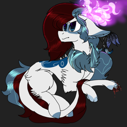 Size: 2560x2560 | Tagged: safe, artist:brokensilence, oc, oc only, oc:mira songheart, ponysona, species:draconequus, species:pony, blood, chest fluff, draconequified, floating, horns, magic, magical glow, noodle, purple magic, solo, species swap