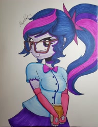 Size: 2987x3886 | Tagged: safe, artist:missmayaleanne, character:twilight sparkle, character:twilight sparkle (scitwi), species:eqg human, my little pony:equestria girls, alternate hairstyle, clothing, evening gloves, female, fingerless elbow gloves, gloves, implied princess twilight, looking at you, ponytail, solo, traditional art