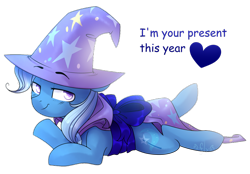 Size: 1024x714 | Tagged: safe, artist:starlyfly, character:trixie, species:pony, species:unicorn, bow, cape, clothing, colored pupils, cute, diatrixes, female, gift wrapped, hat, lidded eyes, mare, prone, simple background, solo, transparent background, trixie's cape, trixie's hat