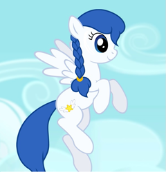 Size: 599x623 | Tagged: safe, artist:mellowhen, oc, oc only, oc:moonlight, species:pegasus, species:pony, braid, cloud, colored, cute, cutie mark, female, flying, living in equestria, mare, smiling, solo, spread wings, wings