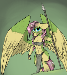 Size: 1169x1317 | Tagged: safe, artist:sinrar, character:fluttershy, species:anthro, species:unguligrade anthro, alternate timeline, bandeau, chrysalis resistance timeline, female, loincloth, solo, spear, tribal, tribalshy, weapon