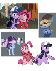 Size: 1524x1924 | Tagged: safe, artist:chibadeer, character:pinkie pie, character:starlight glimmer, character:twilight sparkle, character:twilight sparkle (alicorn), species:alicorn, species:pony, clothing, crossover, dipper pines, equal cutie mark, gideon gleeful, gravity falls, mabel pines, ponified, sans (undertale), undertale