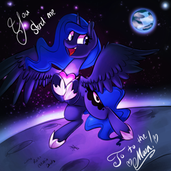 Size: 1000x1000 | Tagged: safe, artist:nstone53, artist:xxmarkingxx, character:princess luna, species:alicorn, species:pony, collaboration, cute, earth, female, heart, lunabetes, moon, open mouth, smiling, solo, space, valentine, valentine's day