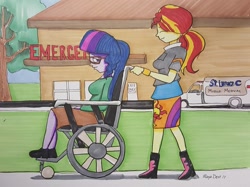 Size: 1024x767 | Tagged: safe, artist:missmayaleanne, part of a set, character:sunset shimmer, character:twilight sparkle, character:twilight sparkle (scitwi), species:eqg human, ship:scitwishimmer, ship:sunsetsparkle, my little pony:equestria girls, chair, clothing, cute, female, hospital, lesbian, part of a series, patient, shipping, sitting, skirt, story included, traditional art, walking, wheelchair