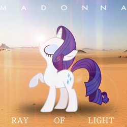 Size: 800x800 | Tagged: safe, artist:penguinsn1fan, artist:tomfraggle, character:rarity, album, album cover, cover, crepuscular rays, desert, female, lens flare, madonna, parody, raised hoof, sand, solo