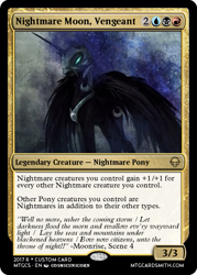 Size: 375x523 | Tagged: safe, artist:cosmicunicorn, edit, editor:mordekaiserhuehuehue, character:nightmare moon, character:princess luna, awesome, card, female, glowing eyes, magic the gathering, painting, solo, speedpaint, trading card, trading card edit
