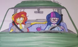 Size: 1024x623 | Tagged: safe, artist:missmayaleanne, character:sunset shimmer, character:twilight sparkle, character:twilight sparkle (scitwi), species:eqg human, ship:scitwishimmer, ship:sunsetsparkle, my little pony:equestria girls, car, clothing, driving, female, glasses, lesbian, seatbelt, shipping, terrified, traditional art, vehicle