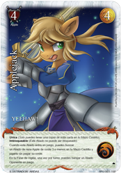 Size: 709x1016 | Tagged: safe, artist:ardail, edit, character:applejack, species:anthro, armor, artoria pendragon, card, card game, clothing, crossover, ear fluff, excalibur, fate/stay night, female, game, mitos y leyendas tcg, myths and legends tcg, open mouth, saber, solo, spanish, sword, tcg, trading card, trading card edit, weapon