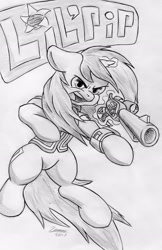 Size: 1608x2478 | Tagged: safe, artist:zemer, oc, oc only, oc:littlepip, species:pony, species:unicorn, fallout equestria, action pose, black and white, clothing, fanfic, fanfic art, female, glowing horn, grayscale, gun, handgun, horn, levitation, little macintosh, looking at you, magic, mare, monochrome, name, open mouth, pipbuck, revolver, screaming, simple background, solo, telekinesis, traditional art, vault suit, weapon, white background
