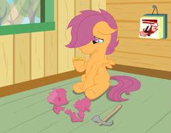 Size: 1325x1030 | Tagged: safe, artist:mrponiator, character:scootaloo, species:pegasus, species:pony, bits, crying, female, hammer, piggy bank, sad, solo
