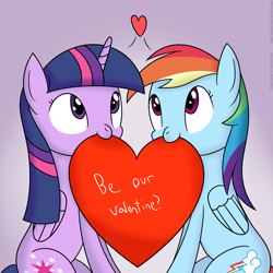 Size: 1600x1600 | Tagged: safe, artist:joey, character:rainbow dash, character:twilight sparkle, character:twilight sparkle (alicorn), species:alicorn, species:pony, ship:twidash, female, heart, lesbian, shipping, valentine's day