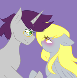 Size: 1024x1041 | Tagged: safe, artist:cubbybatdoodles, character:derpy hooves, character:written script, species:pegasus, species:pony, species:unicorn, blushing, derpyscript, eye contact, looking at each other, male, shipping, simple background, stallion, straight