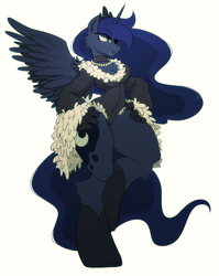Size: 780x982 | Tagged: safe, artist:umeguru, character:princess luna, species:alicorn, species:anthro, species:pony, species:unguligrade anthro, breasts, choker, cleavage, fangs, female, hand on hip, jewelry, necklace, pearl necklace, simple background, solo, spread wings, thunder thighs, wings, yellow background