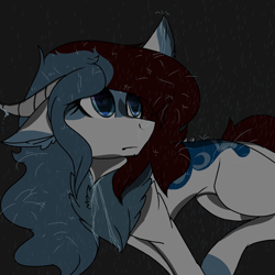 Size: 2560x2560 | Tagged: safe, artist:brokensilence, oc, oc only, oc:mira songheart, species:draconequus, chest fluff, cute, depressing, draconequified, horns, rain, rain drops, solo, species swap