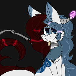 Size: 2560x2560 | Tagged: safe, artist:brokensilence, oc, oc only, oc:mira songheart, species:draconequus, >:p, chest fluff, cute, draconequified, fluffy mane, horns, leash, magic, solo, species swap