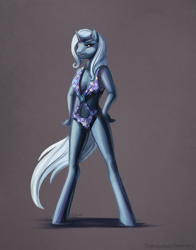 Size: 800x1019 | Tagged: safe, artist:cosmicunicorn, character:trixie, species:anthro, species:unguligrade anthro, bipedal, breasts, clothing, female, hand on hip, one-piece swimsuit, open-back swimsuit, skinny, solo, swimsuit
