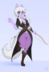 Size: 1175x1725 | Tagged: safe, artist:skecchiart, oc, oc only, species:anthro, species:earth pony, species:plantigrade anthro, species:pony, anthro oc, bow (weapon), cleavage, clothing, commission, female, looking at you, mare, smiling, solo, wide hips