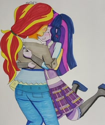 Size: 1024x1213 | Tagged: safe, artist:missmayaleanne, character:sunset shimmer, character:twilight sparkle, character:twilight sparkle (scitwi), species:eqg human, ship:scitwishimmer, ship:sunsetsparkle, my little pony:equestria girls, ass, bunset shimmer, clothing, crying, female, implied magical lesbian spawn, jacket, leather jacket, lesbian, missing accessory, pants, ponytail, pregnancy test, pregnant, shipping, tears of joy, traditional art
