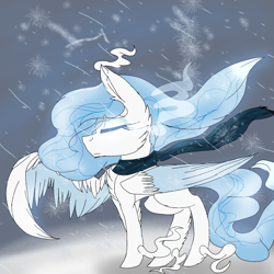 Size: 2560x2560 | Tagged: safe, artist:brokensilence, oc, oc only, oc:glacia, big wings, blizzard, flowing scarf, glowing eyes, magic, original species, protecting eyes, snow, snowfall, solo, wings, winter
