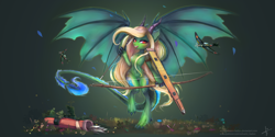 Size: 3464x1732 | Tagged: safe, artist:wilvarin-liadon, oc, oc only, oc:honeymint tea, species:dracony, species:pony, a6m zero, aircraft carrier, big wings, bipedal, commission, crossbow, female, flutterkaku, hybrid, kantai collection, looking at you, mare, open mouth, plane, shipmare, smiling, spread wings, wings