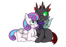 Size: 1936x1400 | Tagged: safe, artist:squipycheetah, character:princess flurry heart, oc, oc:kevin heartstrings, species:alicorn, species:changeling, species:pony, blank flank, canon x oc, clothing, colt, cute, cuteling, duo, female, filly, flurrybetes, folded wings, friendshipping, green changeling, kevin (changeling), looking down, looking up, male, mare, older, older flurry heart, one eye closed, prone, scarf, shipping, simple background, sitting, straight, transparent background, transparent wings, vector