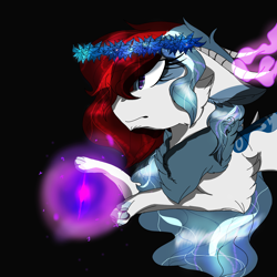 Size: 2560x2560 | Tagged: safe, artist:brokensilence, oc, oc only, oc:mira songheart, species:draconequus, species:pony, chest fluff, clothing, cute, draconequified, floral head wreath, flower, glowing horn, horns, magic, magic sphere, species swap