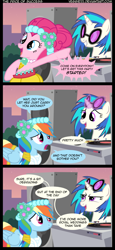 Size: 1072x2335 | Tagged: dead source, safe, artist:veggie55, character:dj pon-3, character:pinkie pie, character:rainbow dash, character:vinyl scratch, species:pony, bridesmaid dress, clothing, comic, dress, implied octavia, wrong eye color