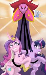Size: 1200x1920 | Tagged: dead source, safe, artist:theroyalprincesses, character:discord, character:princess cadance, character:twilight sparkle, character:twilight sparkle (alicorn), species:alicorn, species:pony, episode:three's a crowd, g4, my little pony: friendship is magic, banner, blue flu, crown, i've seen enough hentai to know where this is going, jewelry, looking up, regalia, smiling, tatzlwurm, tentacle tongue, tentacles, worried