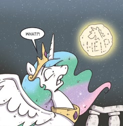 Size: 581x594 | Tagged: safe, artist:katiecandraw, character:prince blueblood, character:princess celestia, species:alicorn, species:pony, spoiler:comic, spoiler:comicdeviations, dialogue, full moon, gritted teeth, help, moon, night, night sky, spread wings, stars, to the moon, wings