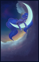 Size: 3750x5850 | Tagged: safe, artist:ardail, character:princess luna, species:alicorn, species:pony, absurd resolution, cloud, color porn, crescent moon, ear fluff, eyes closed, eyeshadow, female, galaxy mane, makeup, mare, moon, night, ponytail, prone, sleeping, smiling, solo, stars, tangible heavenly object, transparent moon, twilight (astronomy)