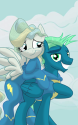 Size: 1200x1920 | Tagged: safe, artist:theroyalprincesses, character:sky stinger, character:vapor trail, species:pegasus, species:pony, ship:vaporsky, episode:top bolt, g4, my little pony: friendship is magic, clothing, cute, female, grin, leaning, looking at you, male, mare, mounting, raised hoof, shipping, smiling, spread wings, stallion, straight, uniform, vaporbetes, wings, wonderbolts uniform