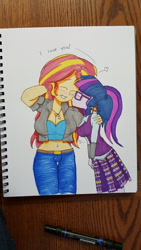Size: 1080x1920 | Tagged: safe, artist:missmayaleanne, character:sunset shimmer, character:twilight sparkle, character:twilight sparkle (scitwi), species:eqg human, ship:scitwishimmer, ship:sunsetsparkle, my little pony:equestria girls, alternate costumes, belly button, blushing, breasts, busty sunset shimmer, cleavage, clothing, crystal prep academy uniform, eyes closed, female, heart, kiss on the cheek, kissing, lesbian, marker, marker drawing, midriff, school uniform, shipping, skirt, traditional art