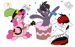 Size: 1583x1000 | Tagged: safe, artist:chibadeer, character:pinkie pie, oc, oc:kara, species:pegasus, species:pony, species:unicorn, banjo, cake, clothing, confetti, crossover, female, food, guitar, happy birthday, hat, mare, musical instrument, pop out cake, russian, simple background, transparent background, wander over yonder