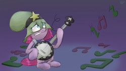 Size: 1366x768 | Tagged: safe, artist:chibadeer, character:pinkamena diane pie, character:pinkie pie, banjo, clothing, cosplay, costume, crossover, doom, equestria is doomed, female, hat, impending doom, mask, music notes, musical instrument, oh no, parody, reference, solo, song parody, song reference, string break, superhero, the boy wander, this will not end well, uh oh, wander over yonder, we're all doomed, weak, xk-class end-of-the-world scenario, you monster