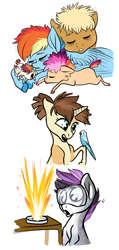 Size: 1024x2156 | Tagged: safe, artist:loryska, character:quibble pants, character:rainbow dash, oc, oc:clarabelle, oc:conundrum solar flare, oc:niko, oc:plumeria, parent:derpy hooves, parent:doctor whooves, parent:pipsqueak, parent:quibble pants, parent:rainbow dash, parent:sweetie belle, parents:doctorderpy, parents:quibbledash, parents:sweetiesqueak, species:bird, species:earth pony, species:pegasus, species:pony, species:unicorn, ship:quibbledash, baby, baby pony, colt, female, filly, fire, goggles, male, offspring, prone, shipping, sleeping, straight