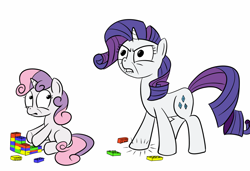 Size: 1000x682 | Tagged: safe, artist:elslowmo, character:rarity, character:sweetie belle, species:pony, species:unicorn, duo, duo female, female, filly, lego, mare, ouch, simple background, stepping on a lego, white background