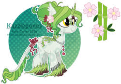 Size: 1024x711 | Tagged: safe, artist:kazziepones, oc, oc only, oc:midori, species:classical unicorn, species:kirin, species:pony, species:unicorn, cloven hooves, female, flower, flower in hair, leonine tail, mare, reference sheet, simple background, solo, transparent background, unshorn fetlocks