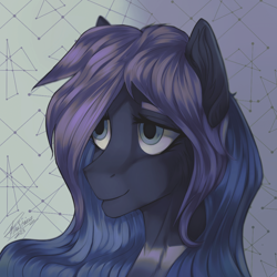 Size: 1000x1000 | Tagged: safe, artist:orfartina, oc, oc only, species:pony, bust, female, mare, portrait, signature, smiling, solo
