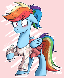Size: 1090x1308 | Tagged: safe, artist:nolycs, character:rainbow dash, species:pony, alternate hairstyle, blushing, clothing, commission, cute, dashabetes, female, mare, moe, pleated skirt, ponytail, rainbow dash always dresses in style, skirt, skirt lift, solo