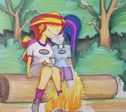 Size: 3040x2703 | Tagged: safe, artist:missmayaleanne, character:sunset shimmer, character:twilight sparkle, character:twilight sparkle (scitwi), species:eqg human, ship:scitwishimmer, ship:sunsetsparkle, equestria girls:legend of everfree, g4, my little pony: equestria girls, my little pony:equestria girls, bonfire, camp everfree, camp everfree outfits, campfire, camping, clothing, cuddling, cute, eyes closed, female, fire, forest, glasses, hug, lesbian, log, nature, outdoors, resting, shipping, shirt, shoes, shorts, sitting, smiling, traditional art, tree, wood