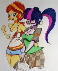Size: 2822x3425 | Tagged: safe, artist:missmayaleanne, character:sunset shimmer, character:twilight sparkle, character:twilight sparkle (scitwi), species:eqg human, species:human, ship:scitwishimmer, ship:sunsetsparkle, my little pony:equestria girls, alternate hairstyle, arm behind back, bag, belt, breasts, busty sunset shimmer, busty twilight sparkle, cleavage, clothing, curvy, ear piercing, earring, excited, eyes closed, female, freckles, glasses, hourglass figure, humanized, jewelry, lesbian, macy's, midriff, necklace, piercing, pigtails, ponytail, shipping, shirt, shopping, shorts, simple background, skirt, smiling, sunlight, tank top, the walking dead, traditional art
