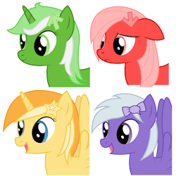 Size: 2835x2835 | Tagged: safe, artist:joey, oc, oc only, oc:comment, oc:downvote, oc:favourite, oc:upvote, species:alicorn, species:earth pony, species:pegasus, species:pony, species:unicorn, derpibooru, derpibooru ponified, .svg available, april fools, april fools 2017, arrow, bust, collage, dialogue, female, floppy ears, frown, hairclip, icon, mare, meta, open mouth, ponified, portrait, quartet, ribbon, side view, simple background, smiling, solo, speech bubble, spread wings, stars, svg, symbol, transparent background, vector, wings