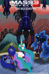 Size: 2000x3000 | Tagged: safe, artist:bonaxor, character:nightmare moon, character:princess celestia, character:princess luna, oc, oc:dream, species:alicorn, species:pony, armor, mass effect, mass effect 3, n7 armor, reapers, royal sisters