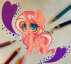 Size: 3227x2920 | Tagged: safe, artist:emberslament, oc, oc only, oc:ashley, species:alicorn, species:pony, chibi, colored pencils, female, high res, mare, pencil, photo, raised hoof, solo, traditional art