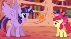 Size: 1024x569 | Tagged: safe, artist:mlp-trailgrazer, character:apple bloom, character:twilight sparkle, character:twilight sparkle (alicorn), species:alicorn, species:pony, alicornified, apple, bloomicorn, colored wings, colored wingtips, duo, food, golden oaks library, gradient wings, levitation, magic, princess apple bloom, race swap, telekinesis