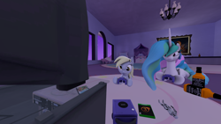 Size: 1920x1080 | Tagged: safe, artist:goatcanon, character:derpy hooves, character:princess celestia, species:alicorn, species:pony, 3d, alcohol, console, controller, female, gaming, joystick, mare, prone, room, window