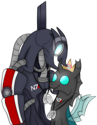 Size: 1736x2236 | Tagged: safe, artist:squipycheetah, character:thorax, species:changeling, crossover, crown, cute, dog tags, duo, fangs, geth, happy, jewelry, legion, looking down, looking up, mass effect, n7, peace symbol, regalia, simple background, smiling, surprised, transparent background, transparent wings