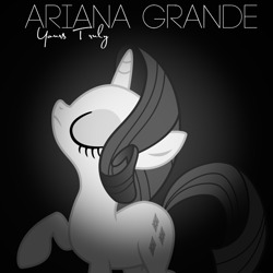 Size: 800x800 | Tagged: safe, artist:penguinsn1fan, artist:tomfraggle, character:rarity, ariana grande, cover, eyes closed, female, monochrome, parody, raised hoof, solo